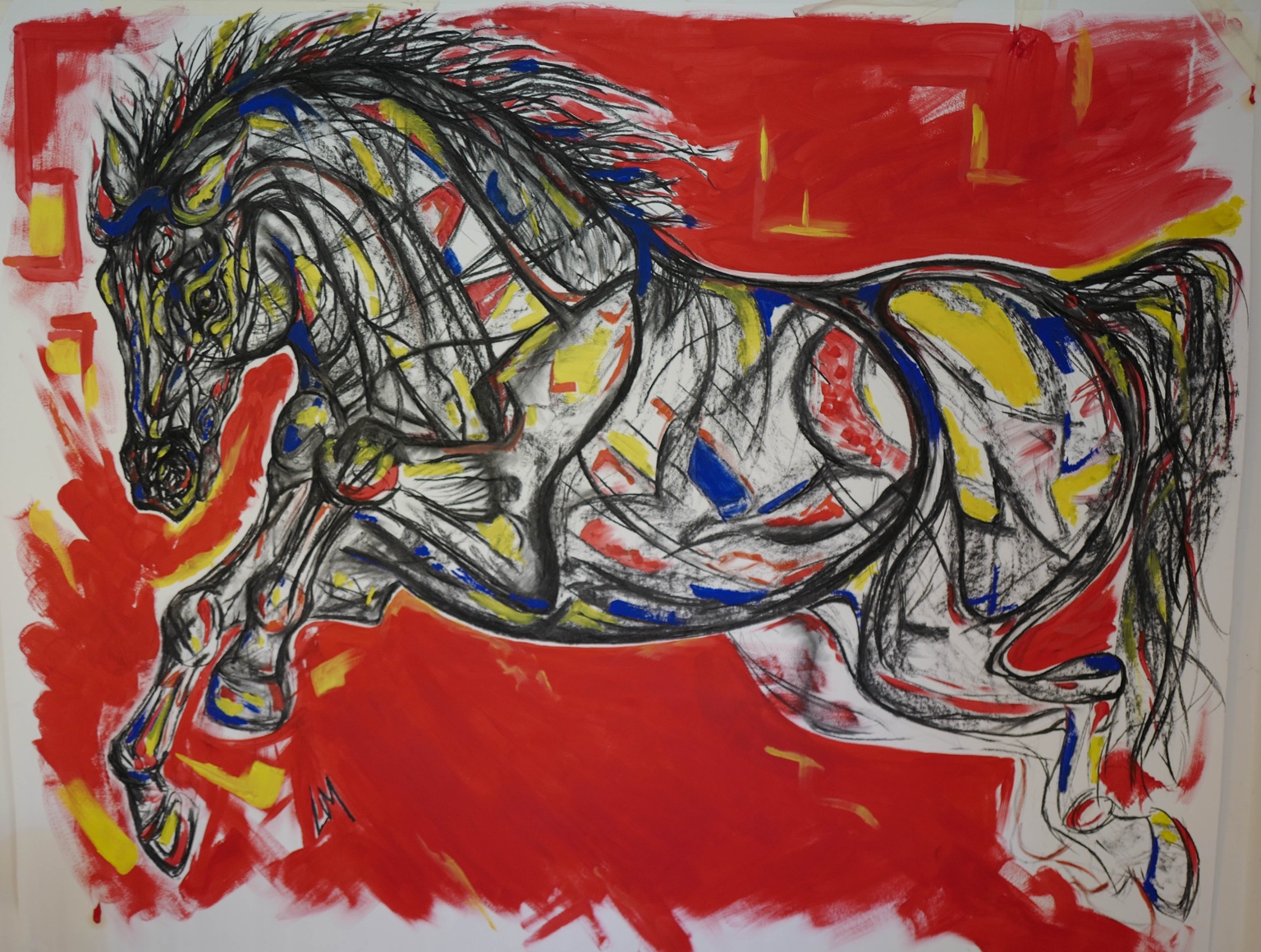 Expressive horse artwork in charcoal with vivid red, yellow and blue paint