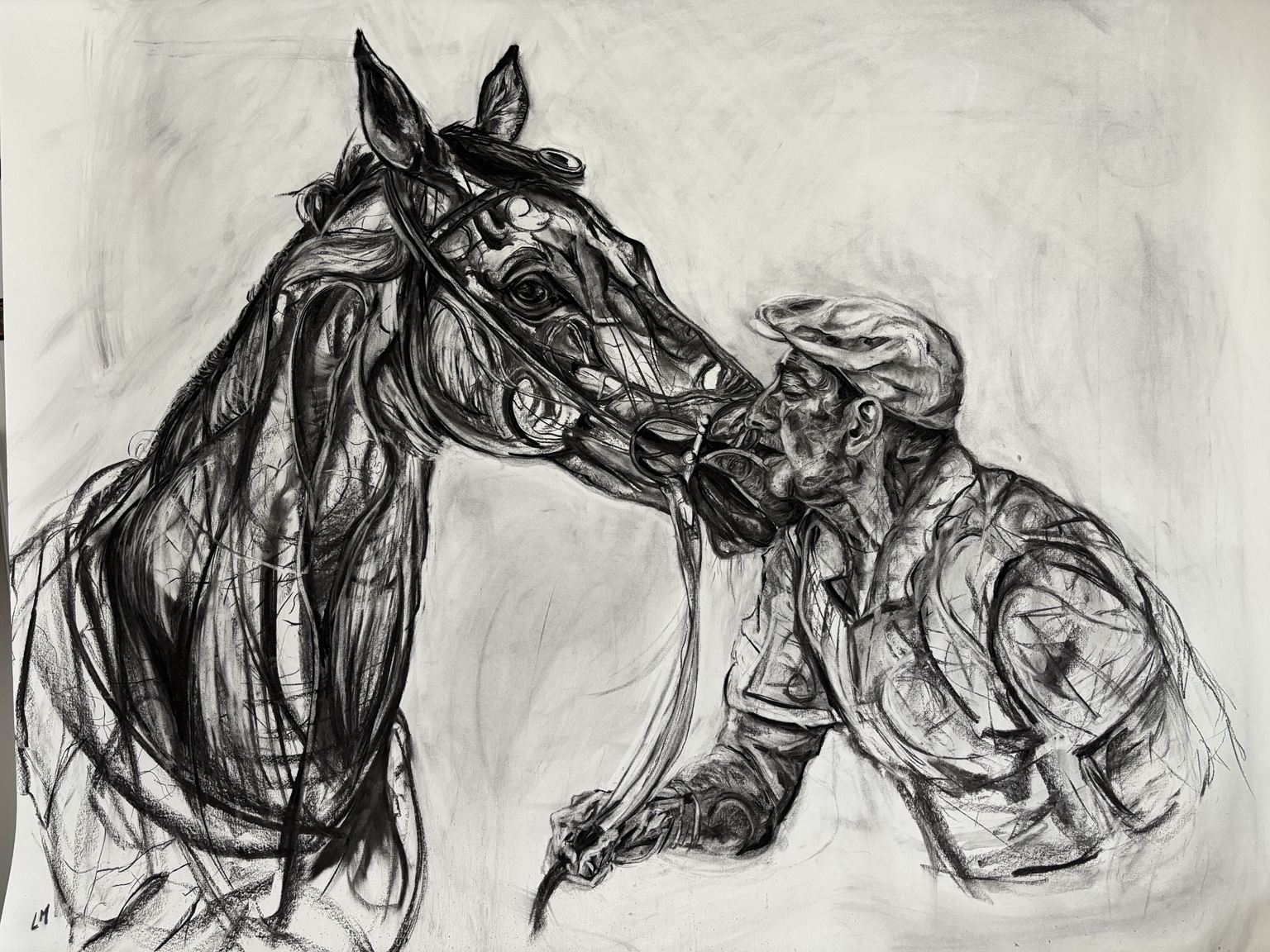 Charcoal drawing of a horse and handler touching foreheads